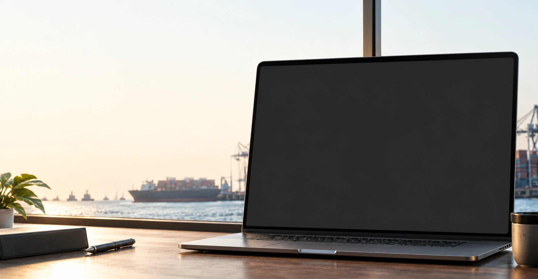 A trading desk overlooking the port, with Sawda Trade OS on the laptop.